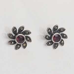 Vintage Y2K Faceted Garnet & Marcasite Flower Earrings set in Sterling Silver